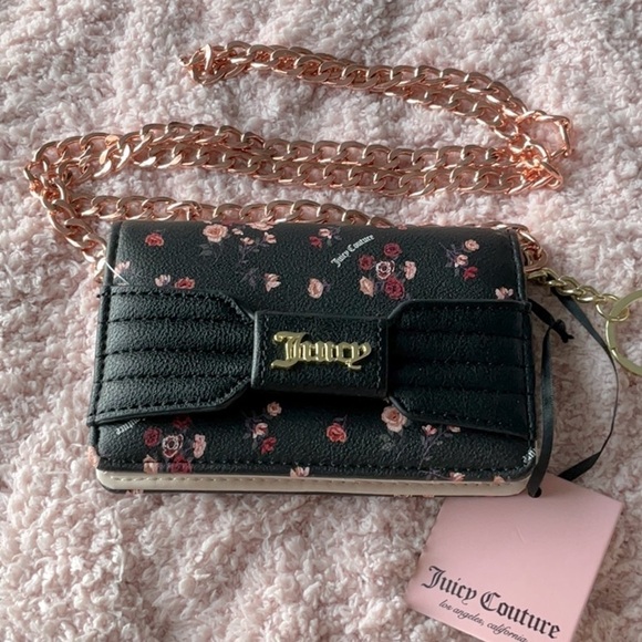 JUICY COUTURE BLACK WITH PINK FLOWERS WALLET - WRISTLET-CROSSBODY - Picture 1 of 10